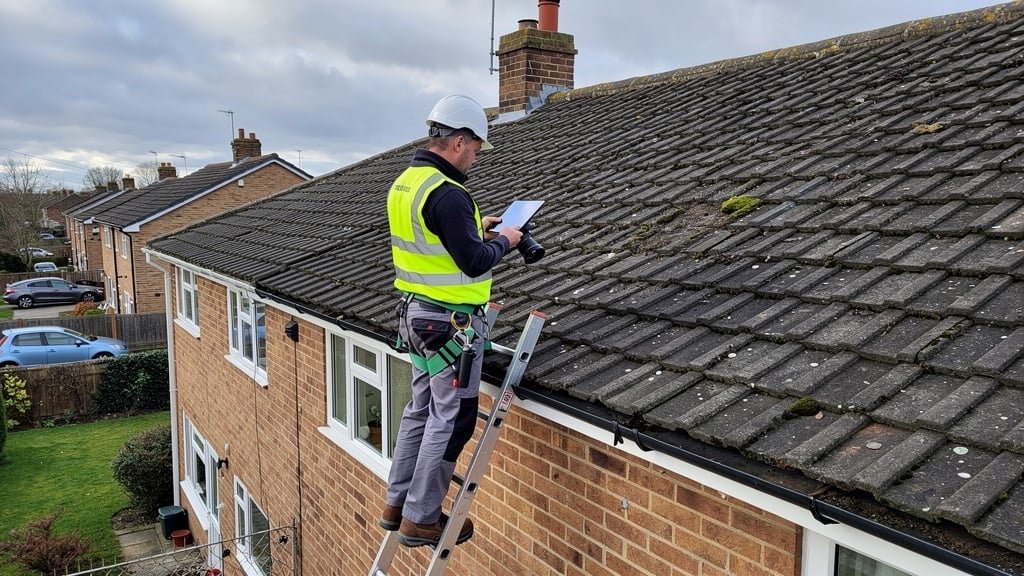 Professional residential roof survey inspection in progress on UK home